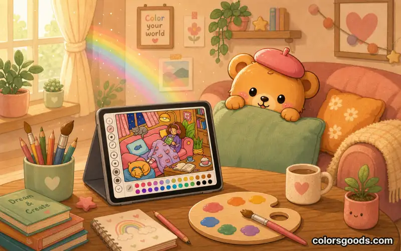 A hand holding a stylus over a tablet showing a partially colored page