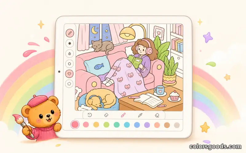 A relaxed coloring session on a couch with a tablet in soft light