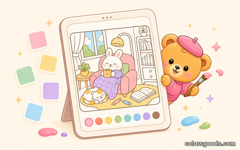 Tapping a phone to fill a coloring page region with color