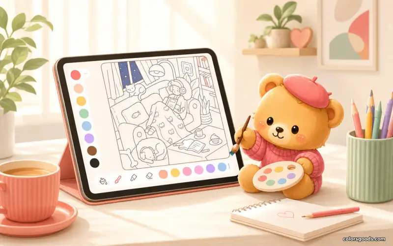 A focused coloring session with a limited palette designed to support attention